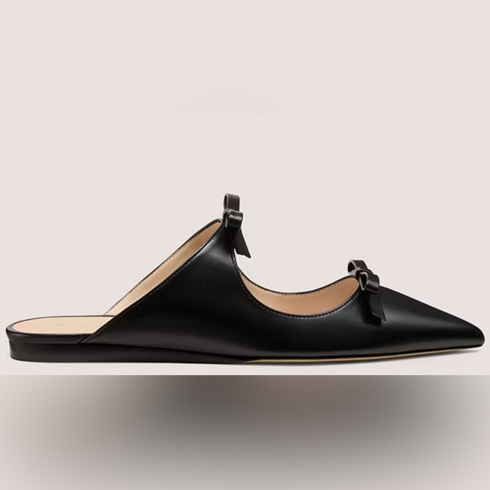 Stuart Weitzman Reese Flat Slide NIB Black Leather Mary-Jane Bows Pointy Toes 8 - Picture 3 of 15